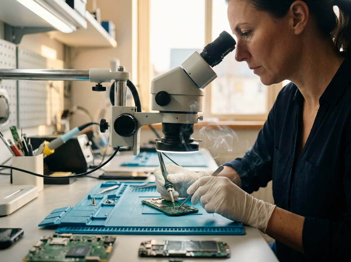 Técnica de Casepoint reparando una placa bajo microscopio
