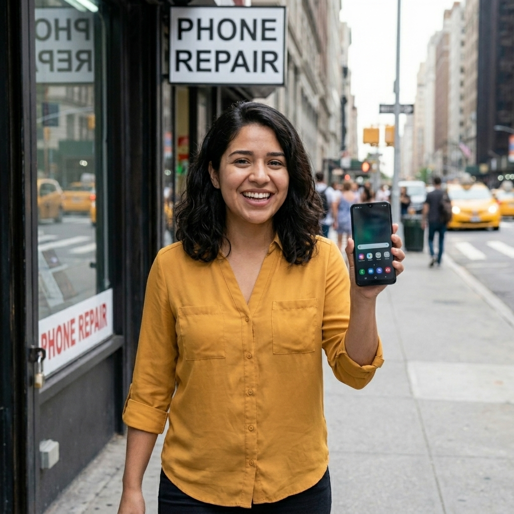 Sale feliz con su teléfono como nuevo